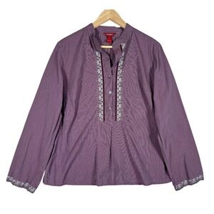 Sundance Embroidered Striped Tunic Top Women's Size 14 Long Sleeve Blouse COTTON